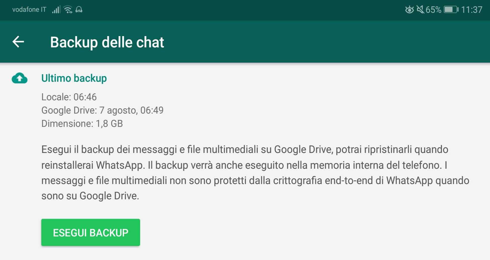 Schermata Backup di Whatsapp