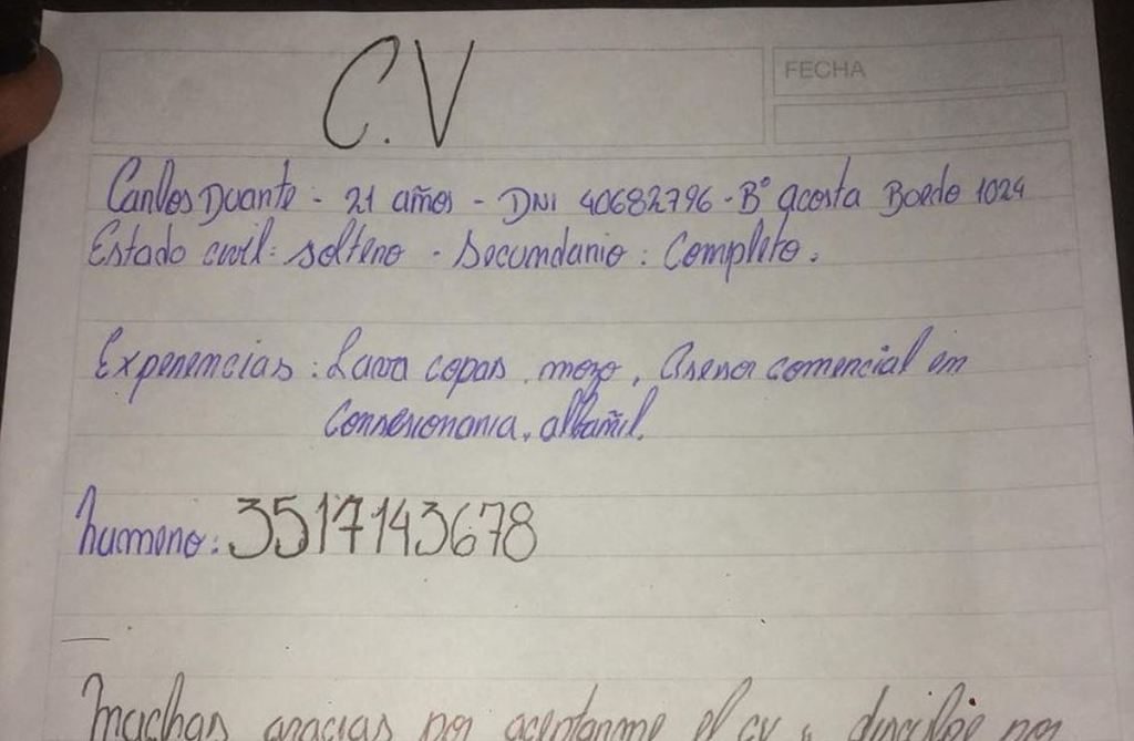 cv scritto a mano
