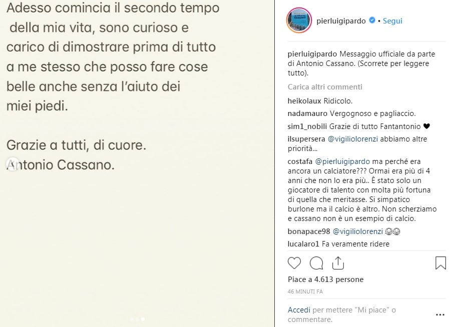 Cassano lascia il calcio