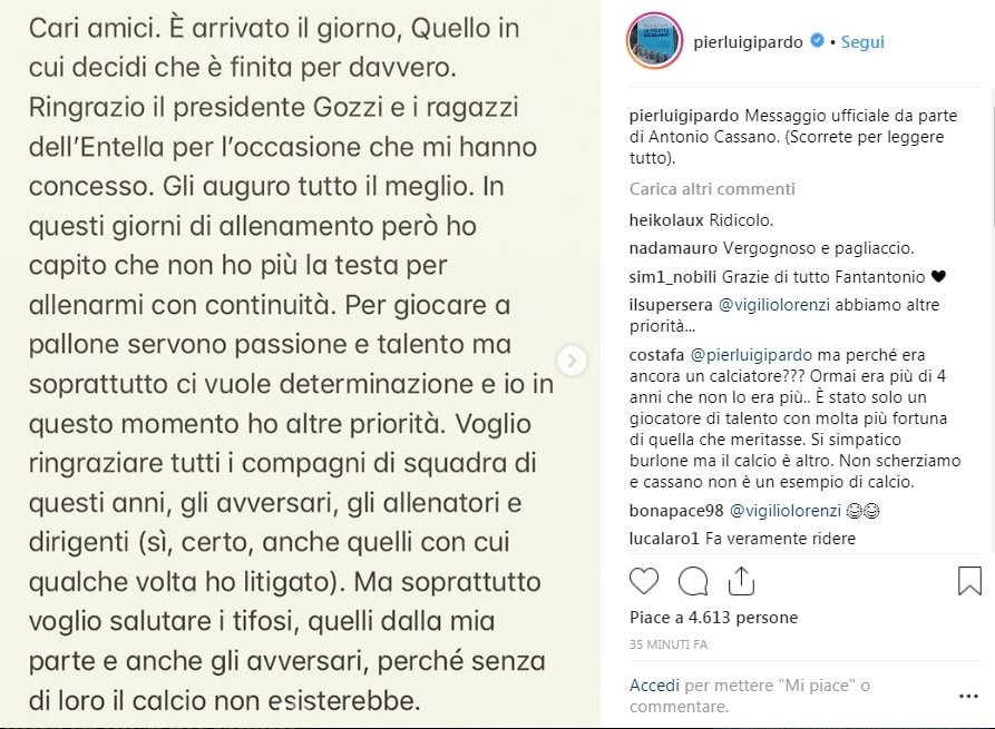 Cassano lascia il calcio