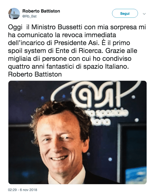 agenzia spaziale battiston rimosso