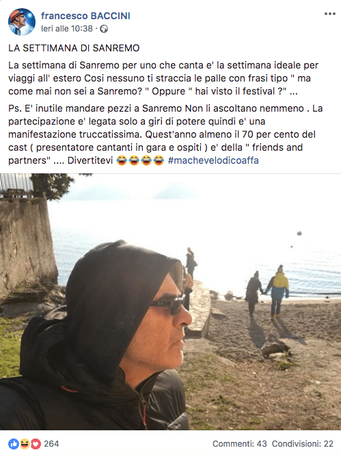 Francesco Baccini contro Sanremo 2019