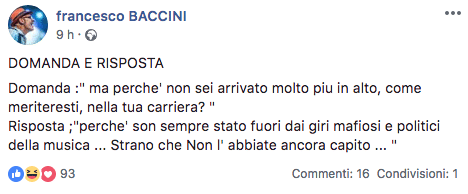 Francesco Baccini contro Sanremo 2019