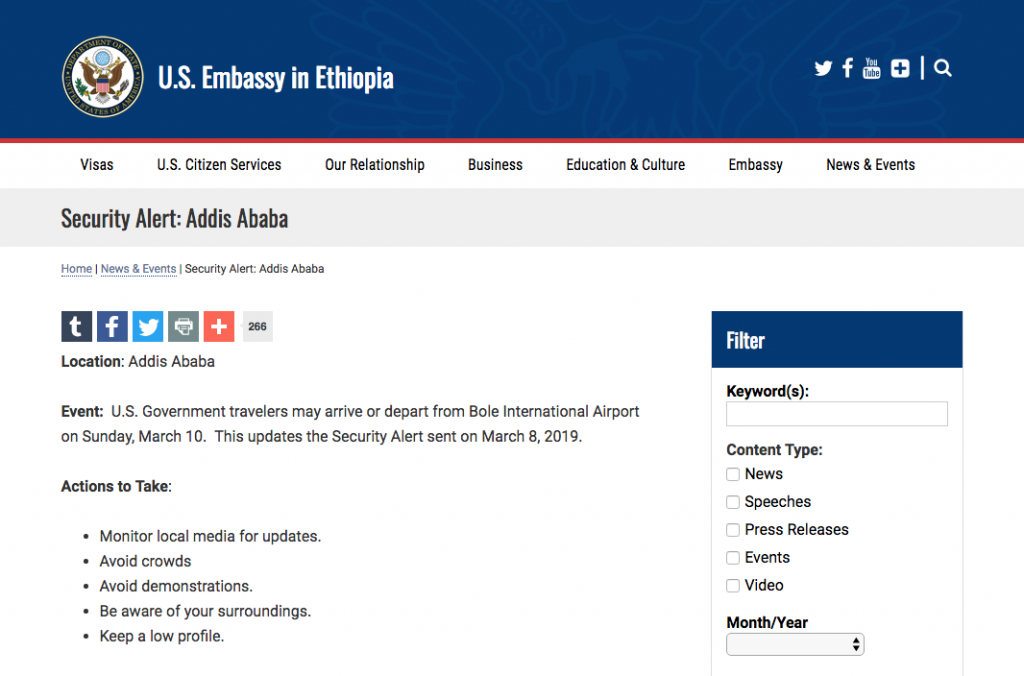 ambasciata usa etiopia allerta 10 marzo