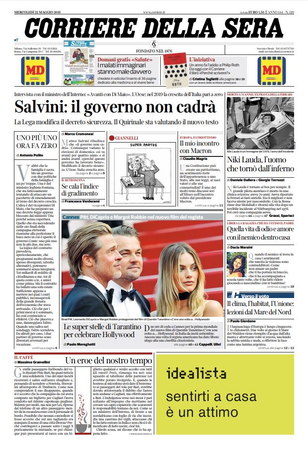 prime pagine quotidiani 22 maggio 2019 corriere sera