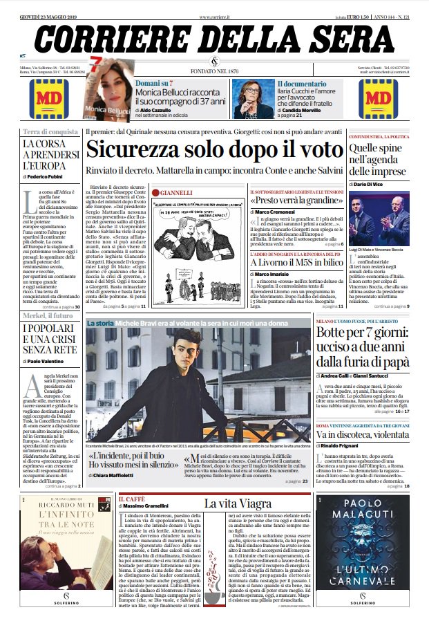 prime pagine quotidiani oggi