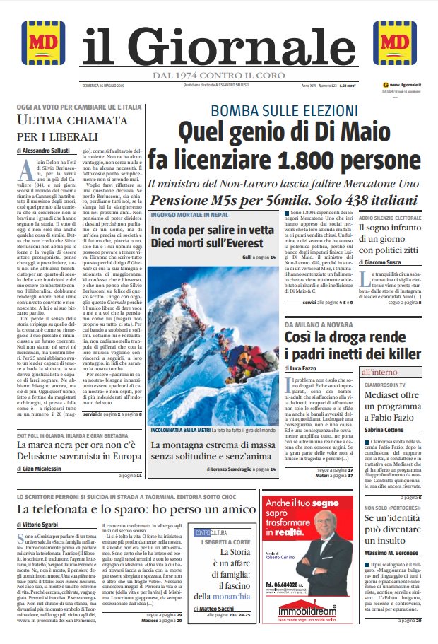 prime pagine quotidiani oggi
