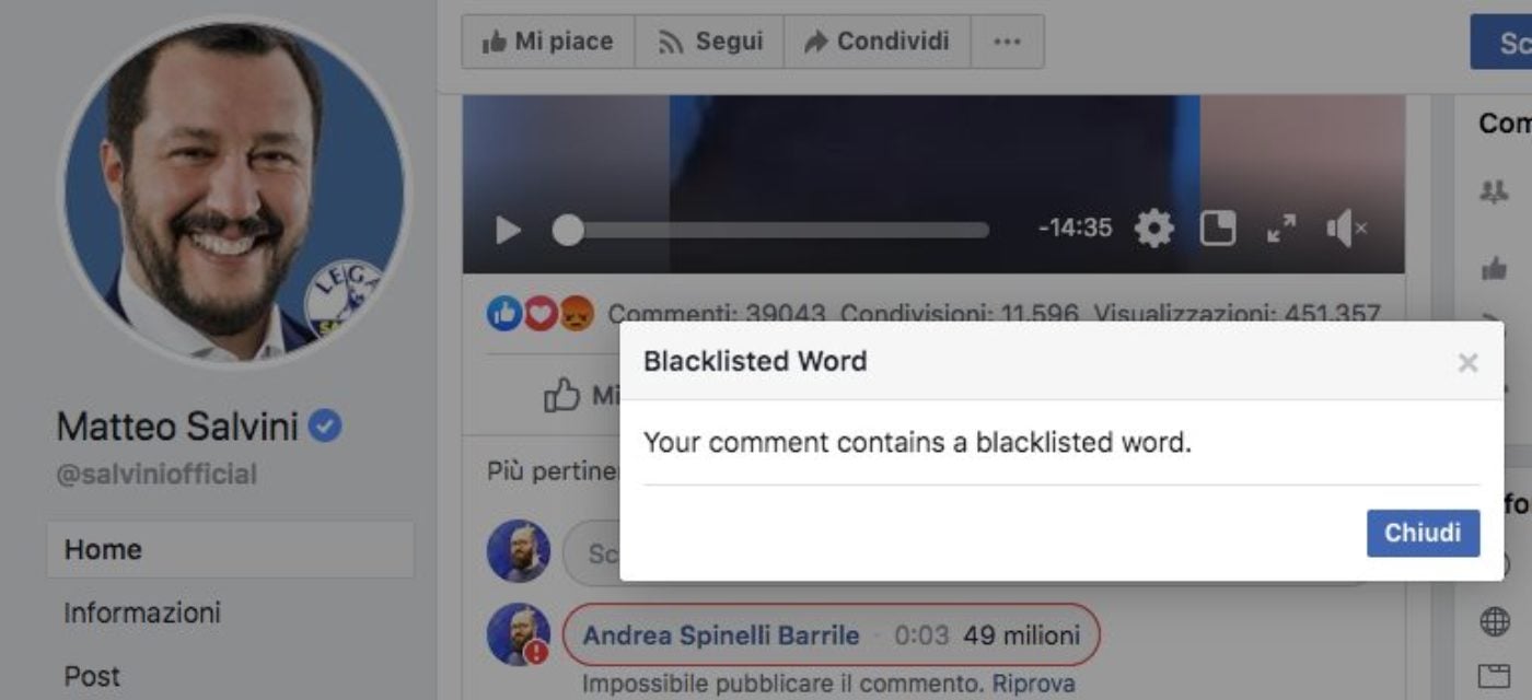 Salvini Blacklist Facebook