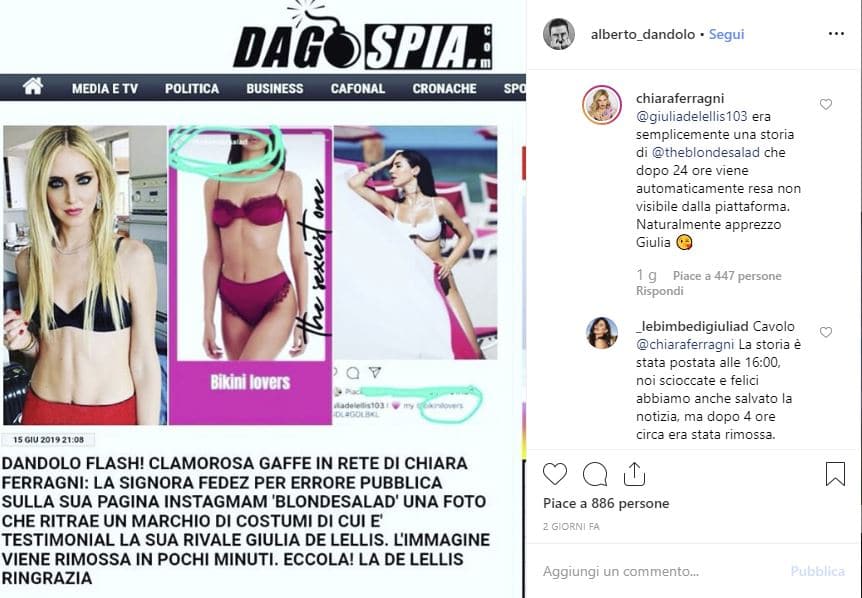 chiara ferragni giulia de lellis gaffe risposta