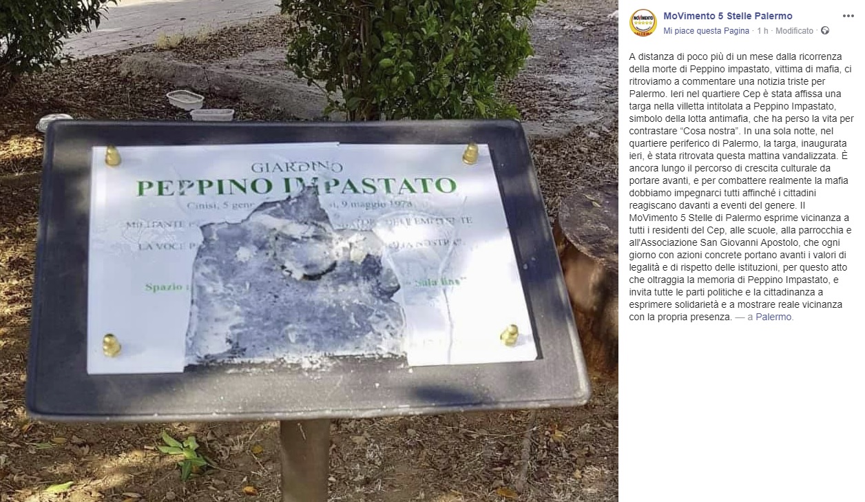 targa peppino impastato vandalizzata palermo