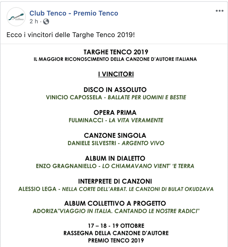 Premio Tenco 2019 vincitori