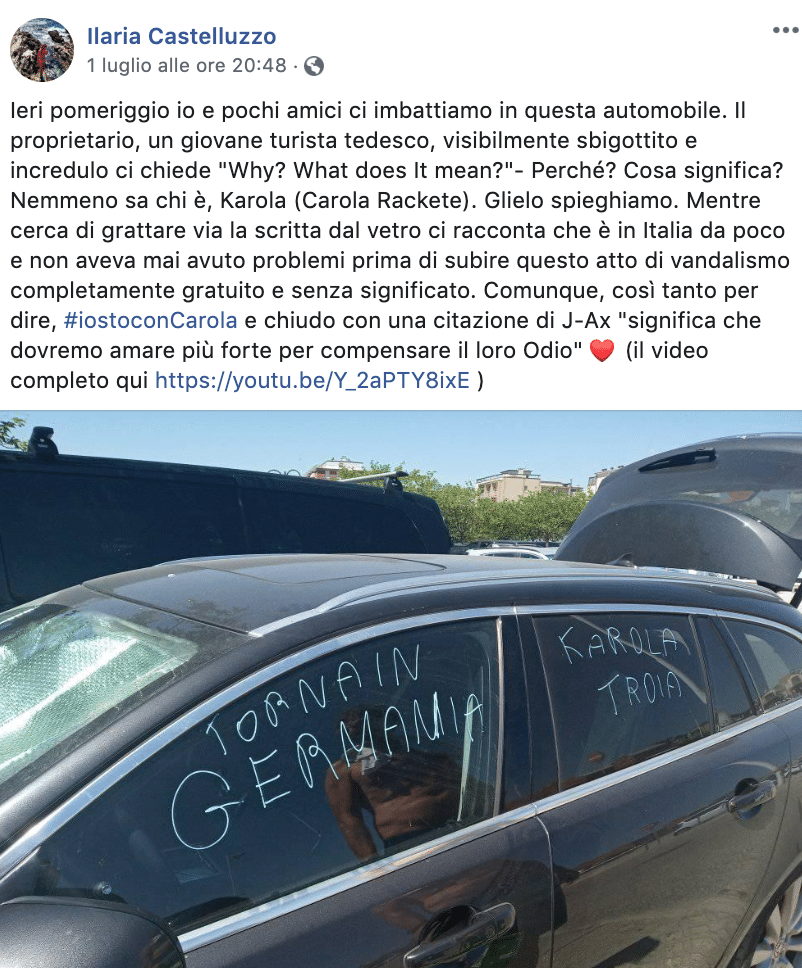 Ferrara Carola Rackete auto vandali