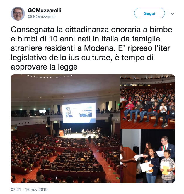 Modena cittadinanza onoraria bambini stranieri