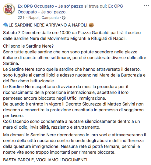napoli protesta migranti sardine nere
