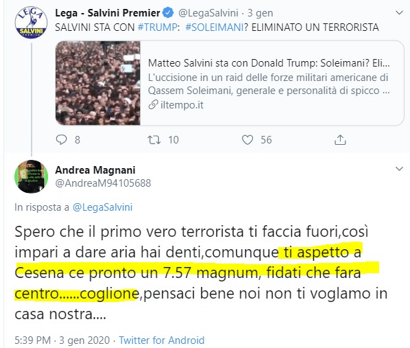 salvini minaccia morte hater