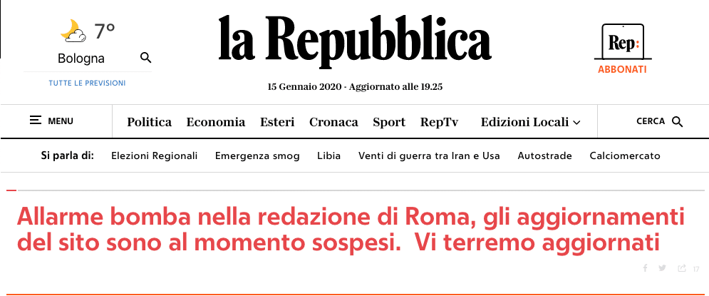 allarme bomba sede repubblica roma