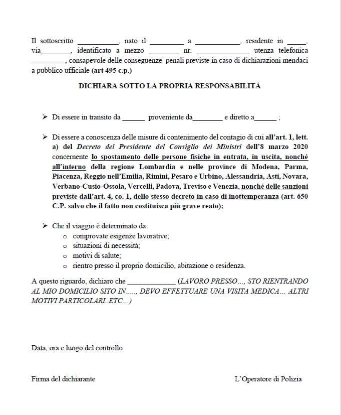 coronavirus modulo spostamenti quarantena