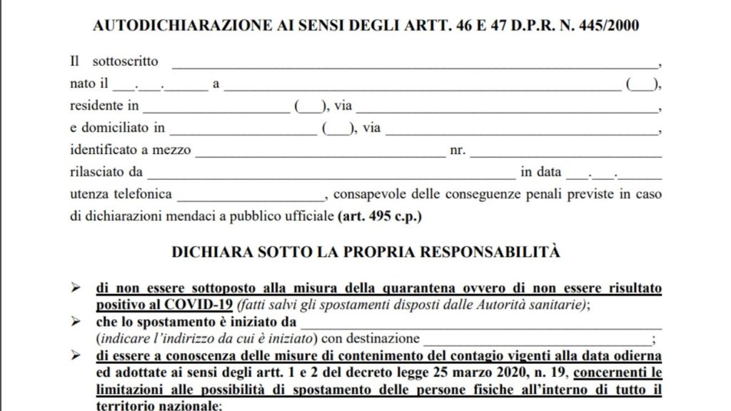 coronavirus modulo autocertificazione