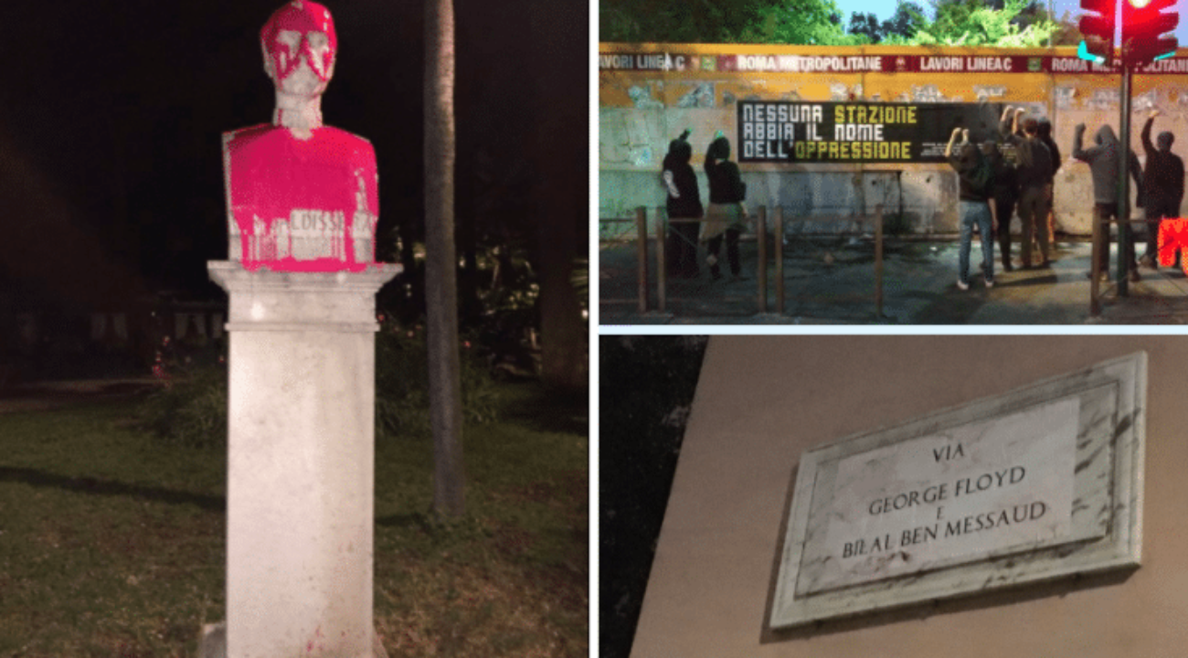 roma antirazzisti imbrattano statua