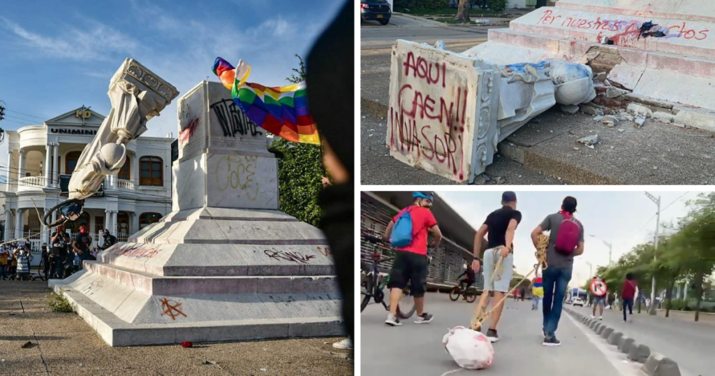 colombia proteste statua cristoforo colombo abbattuta barranquilla