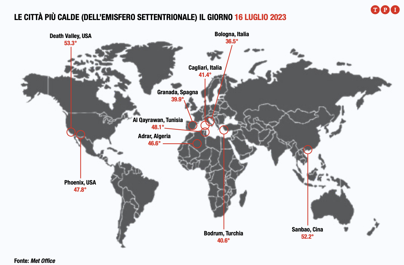 Le città più calde dell'emisfero settentrionale il giorno 16 luglio 2023