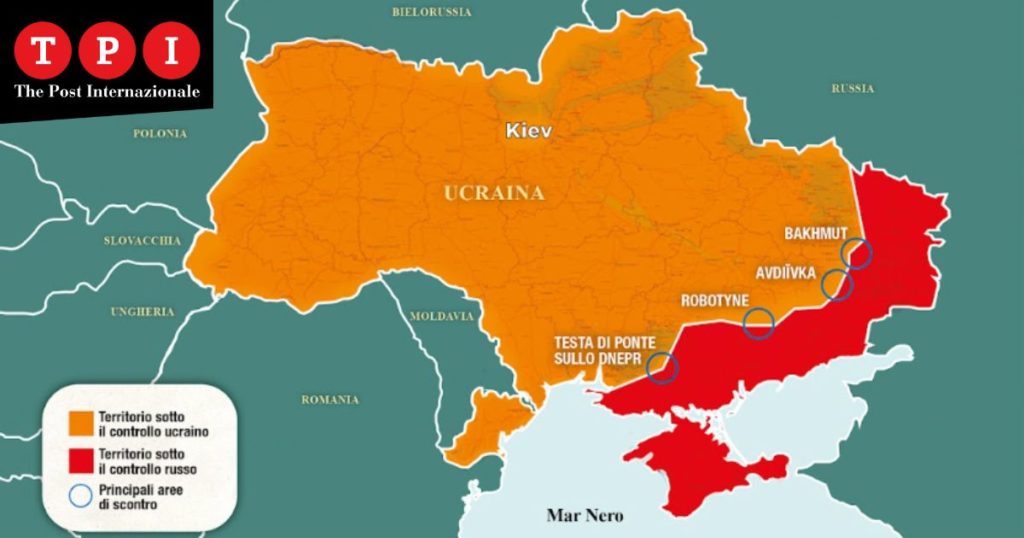 Guerra Ucraina mappa fronte uguale ultimo anno Kherson Bakhmut Donbass 2023