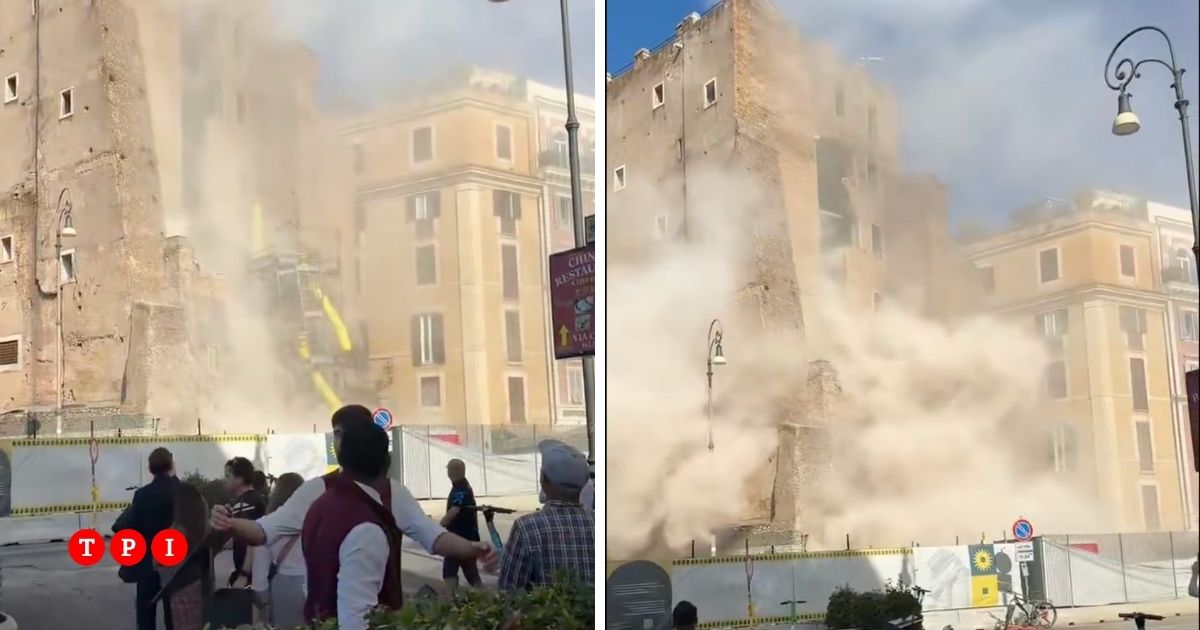 Roma, paura ai Fori Imperiali: crolla parte della Torre dei Conti. Un operaio sotto le macerie | VIDEO