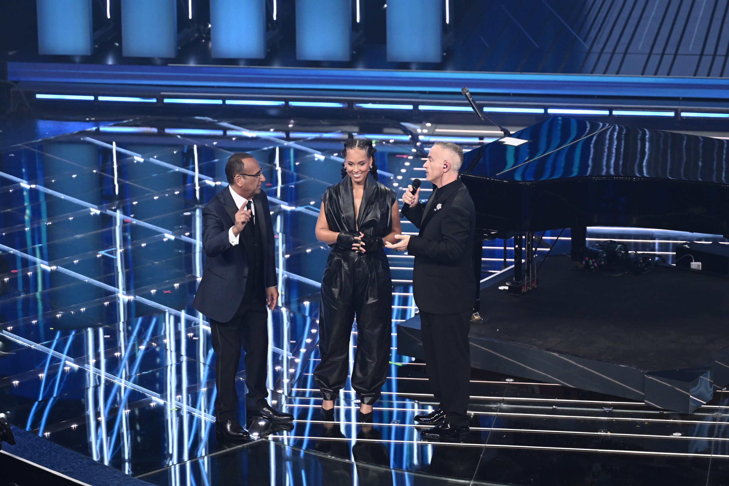 Carlo Conti, Alicia Keys ed Eros Ramazzotti. Credit: AGF