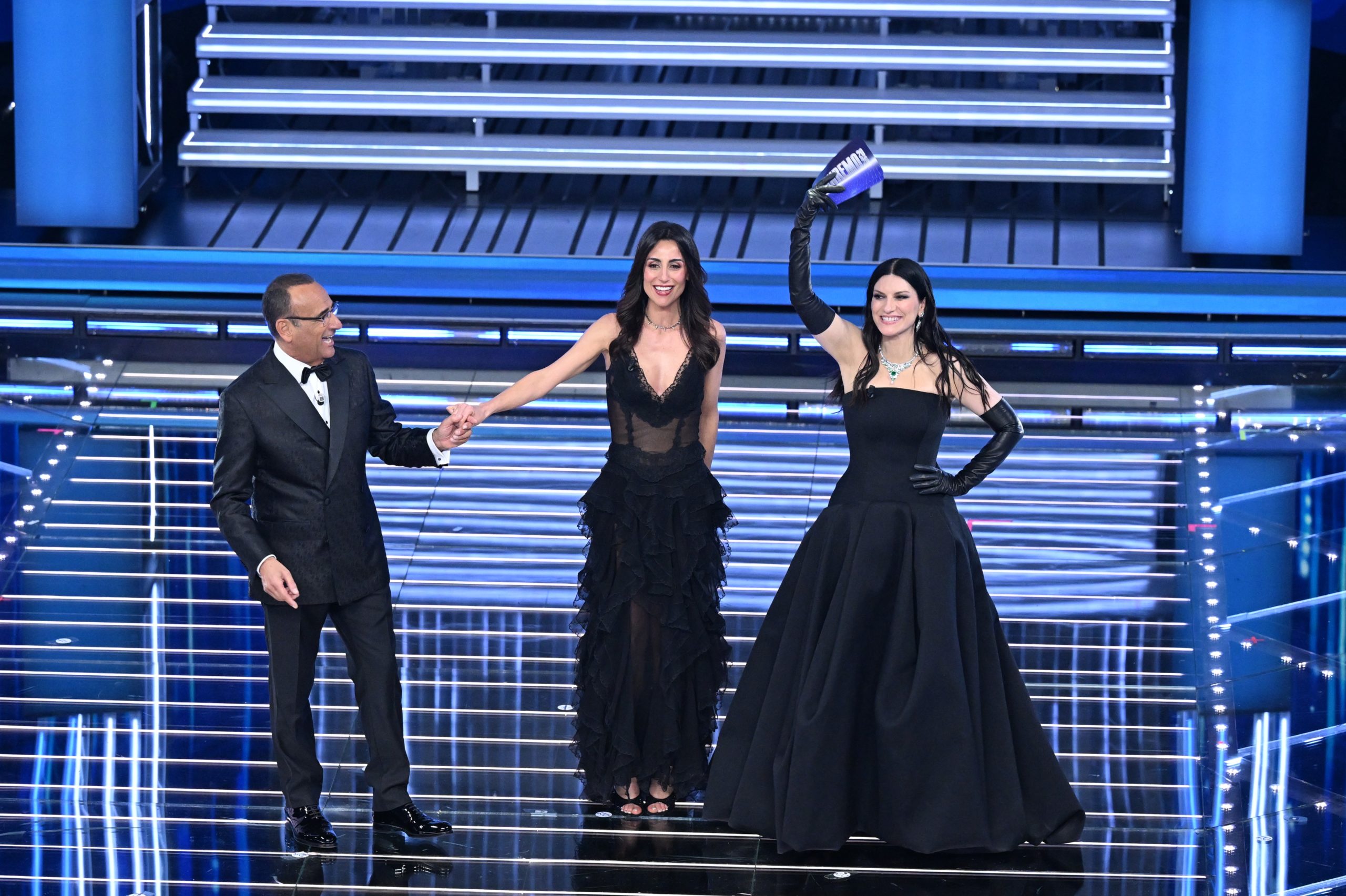 Giorgia Cardinaletti cpm Laura Pausini e Carlo Conti. Credit: AGF